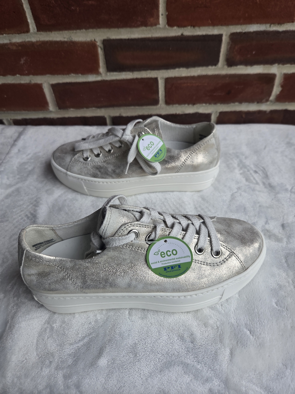 Paul Green Silver Metallic Leather Platform Sneakers Women EU 37 US 6.5 New